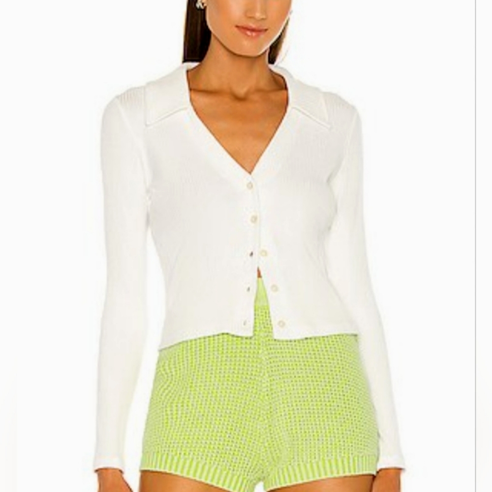 LESET Ali White Ribbed Long Sleeve Collared V-Neck Cardigan